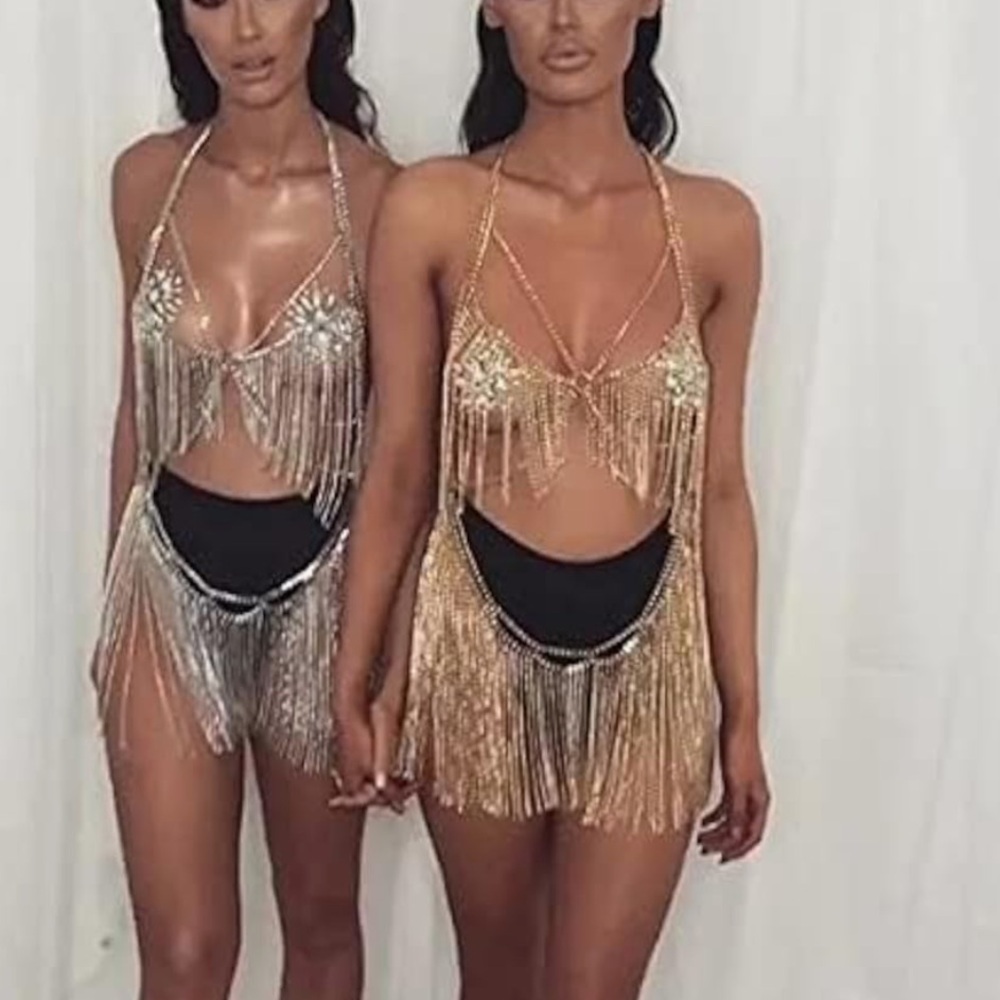 Silver Body chain jewelry harness top skirt bottom gypsy fetish lingerie bondage